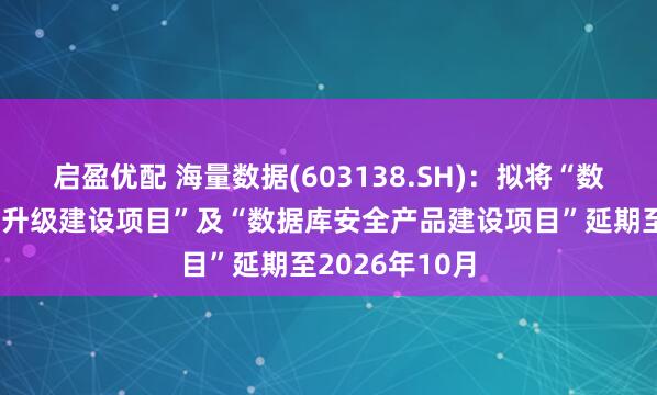 启盈优配 海量数据(603138.SH)：拟将“数据库技术研发升级建设项目”及“数据库安全产品建设项目”延期至2026年10月